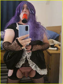 Loser male Amy sucks dildo in sissy maid uniform
