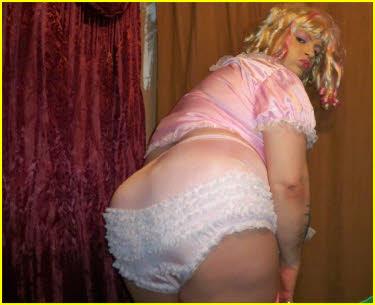 ABDL sissy Douglas pushes out his bottom in frilly white knickers