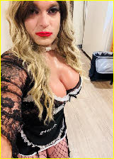 Sexy sissy Steph Nicole with his fake boobs spilling out of his slutty French maid uniform