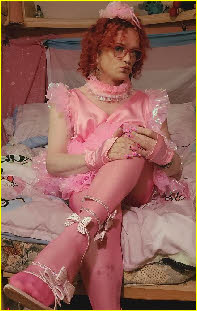 Poofy pink sissy Stephie Lou in outrageously frilly pink frock