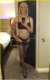 Glasgow Sissy Amber wearing bra, knickers and stockings