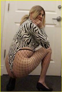 Dirty sissy whore Sherri in leotard and fishnet tights