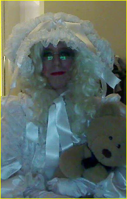 Exposed adult baby Alexandra in lace bonnet and frock Exposed adult baby Alexandra in lace bonnet and frock