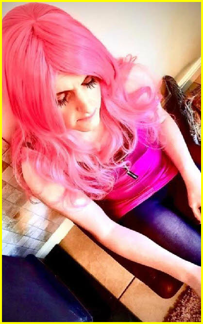 Sissy Tina wears girlie pink wig