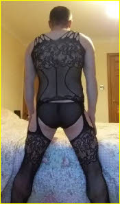 Scottish faggot Gordon cross-dressing in black lingerie