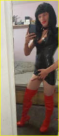 Swindon sissy Lacey in latex frock and thigh boots