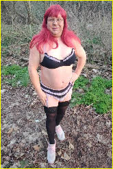Sissy trucker Becki in frilly bra and knickers at dogging site