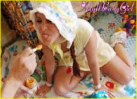 Messy spoon-feeding session for naughty adult baby girl