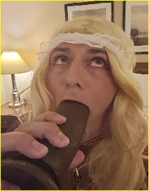 Greedy sissy slut Tiffany wolfing down a giant black dildo Greedy sissy slut Tiffany wolfing down a giant black dildo