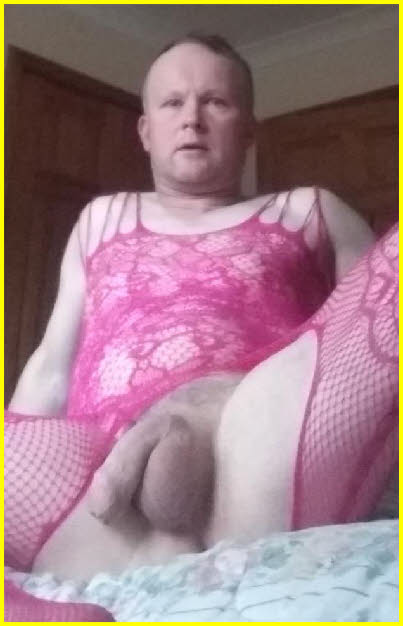 Limp-dicked sissy Natalie from Scotland dressed in crotchless pink bodystocking