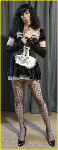 Submissive sissy maid Beverly licks his big brown dildo