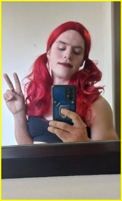 Feminised sissy Rikkie from South Africa takes selfie in red wig Feminised sissy Rikkie from South Africa takes selfie in red wig